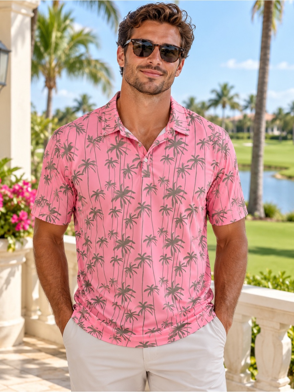 Sunday Swagger Tropical Palm Performance Golf Polo 3XL Pink Gray